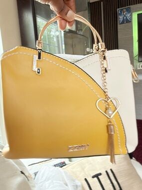 Two-Tone Yellow & White Women's Satchel with Heart Tassel